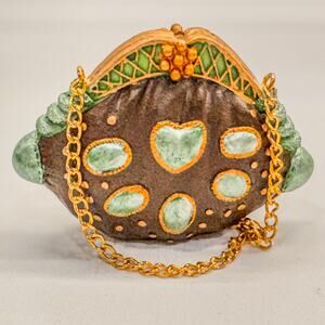 Vintage Antique Collectible Miniature Purse Figurine-Turquoise and Gold Accents